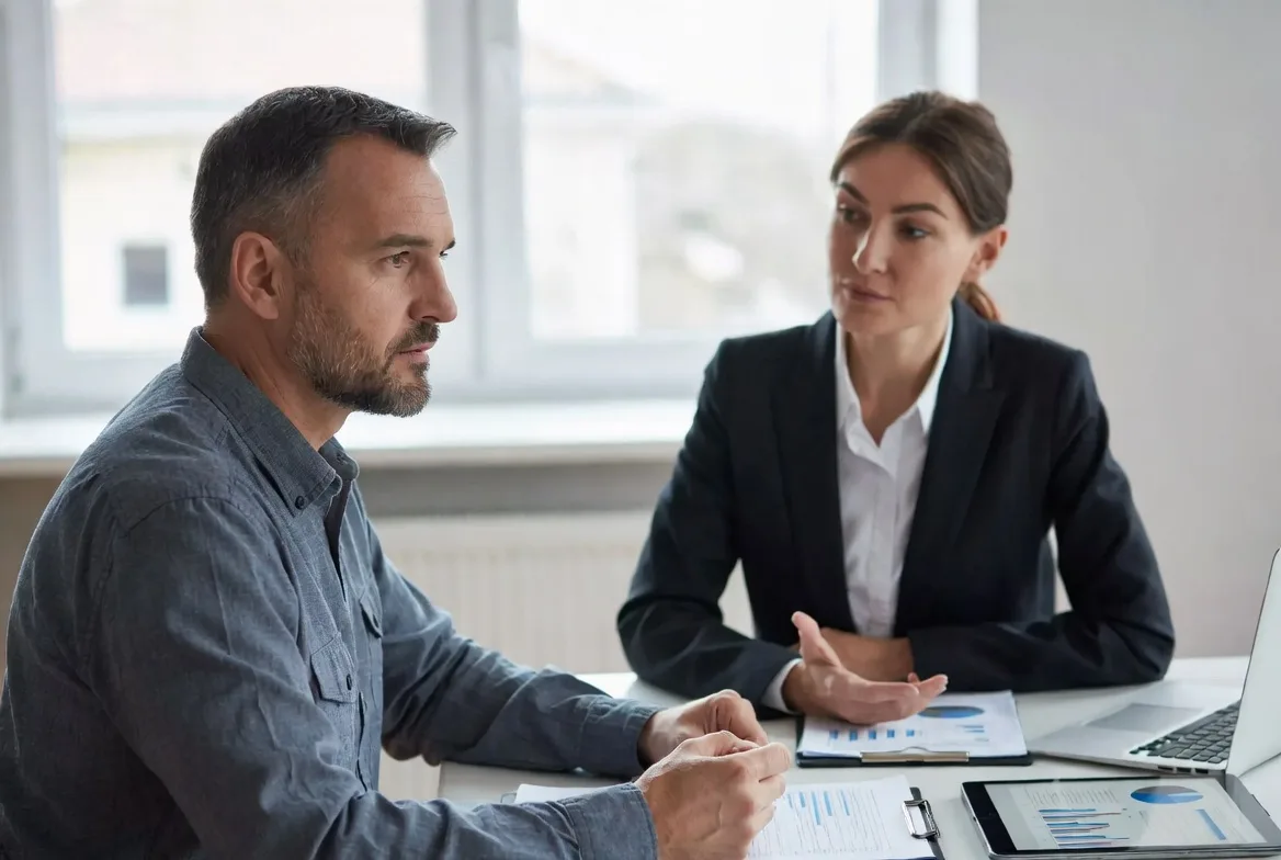 Veteran entrepreneur discussing SBA loan options with advisor