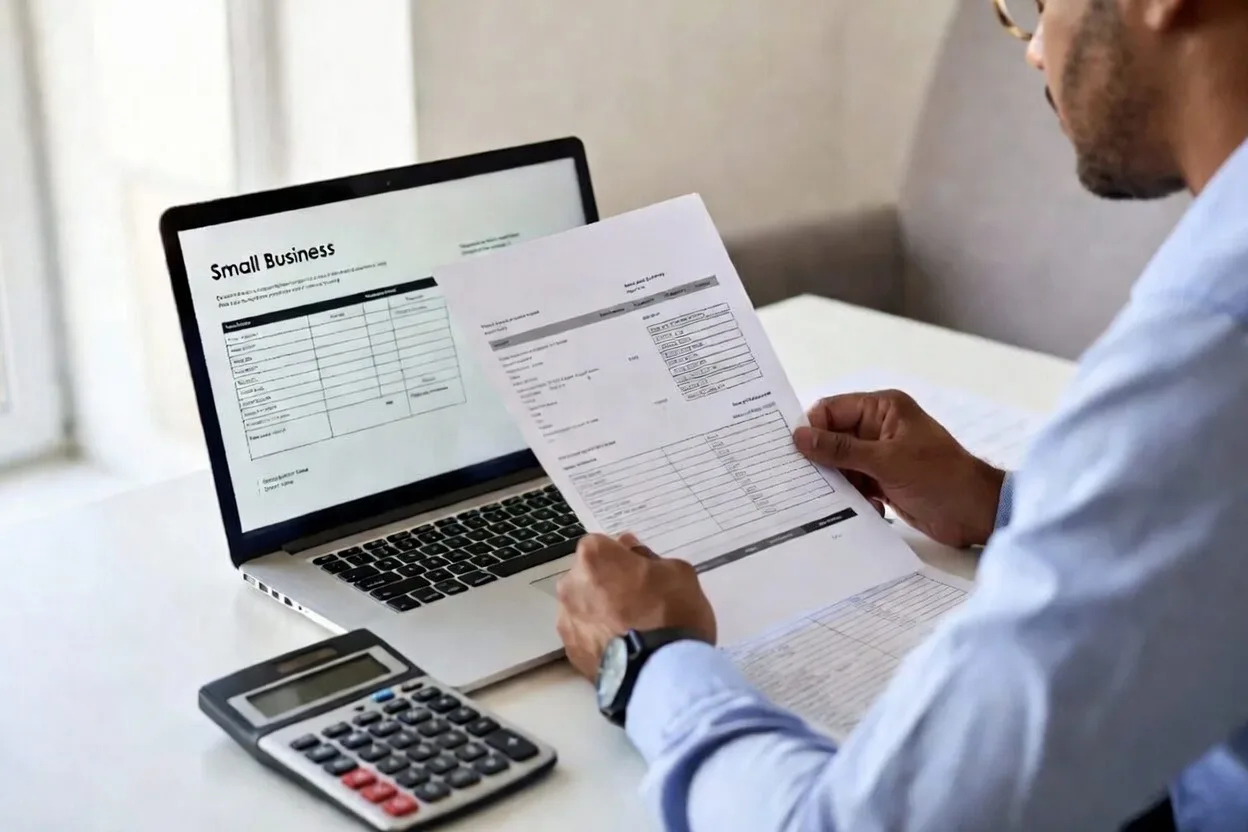 Small business owner reviewing loan application on laptop with financial documents